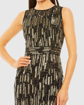 Black and Gold Abstract Beaded Sleeveless Midi Dress